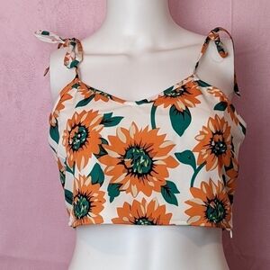 Daisy Street Dolls Kill Floral Tie Strap White and Orange Crop Top size Medium